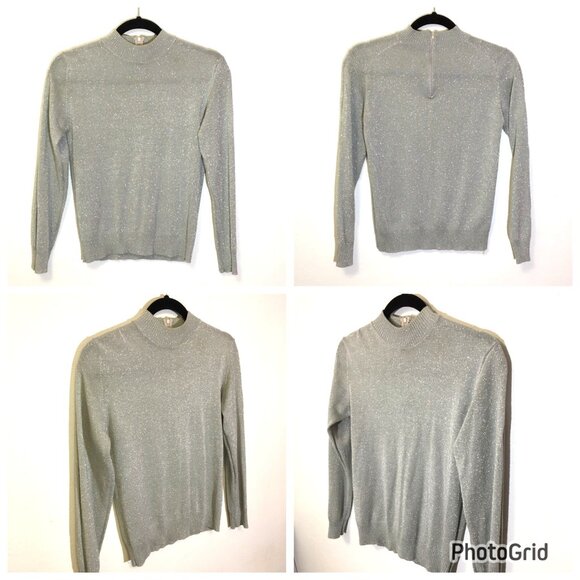 Vintage 60s 70s KMark Silver Metallic Lurex Sweater Back Zipper Holiday Glam (2) - Picture 2 of 12